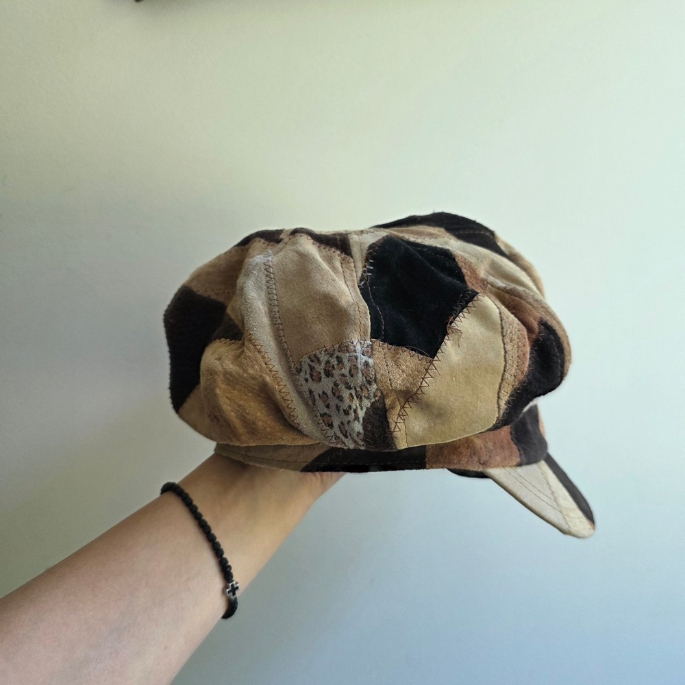 Vintage Fairweather Patchwork Leather Suede Newsboy Cap Brown Tan Y2K 90s
